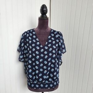 Ann Taylor Womens Navy Blue Polka Dot V-Neck Blouse Top Flutter Sleeve Size XS